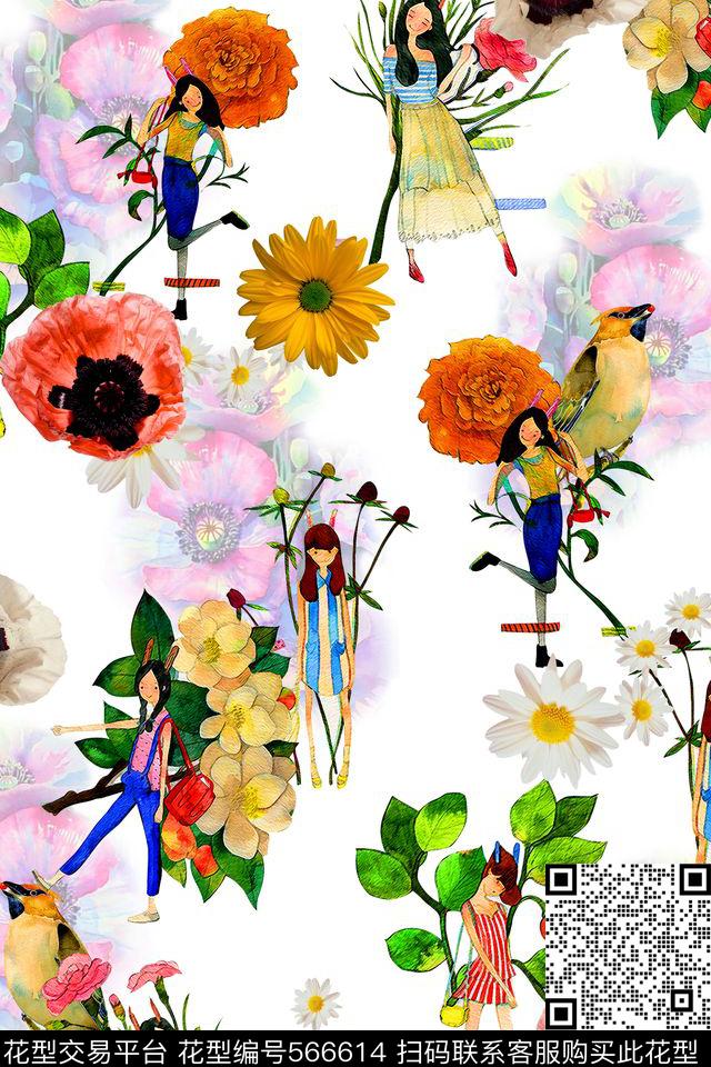 漫画花卉小清新数码印花华亿平台下载（图片编号: 566614） - 瓦栏（Walan）