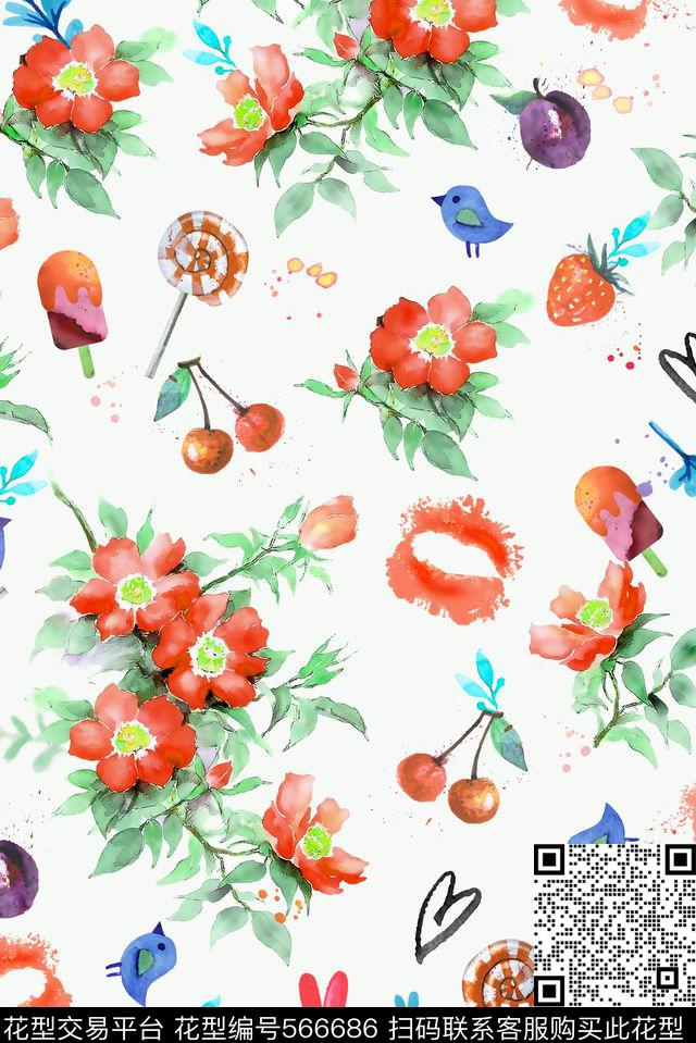 手绘花卉鸟数码印花华亿平台下载（图片编号: 566686） - 瓦栏（Walan）