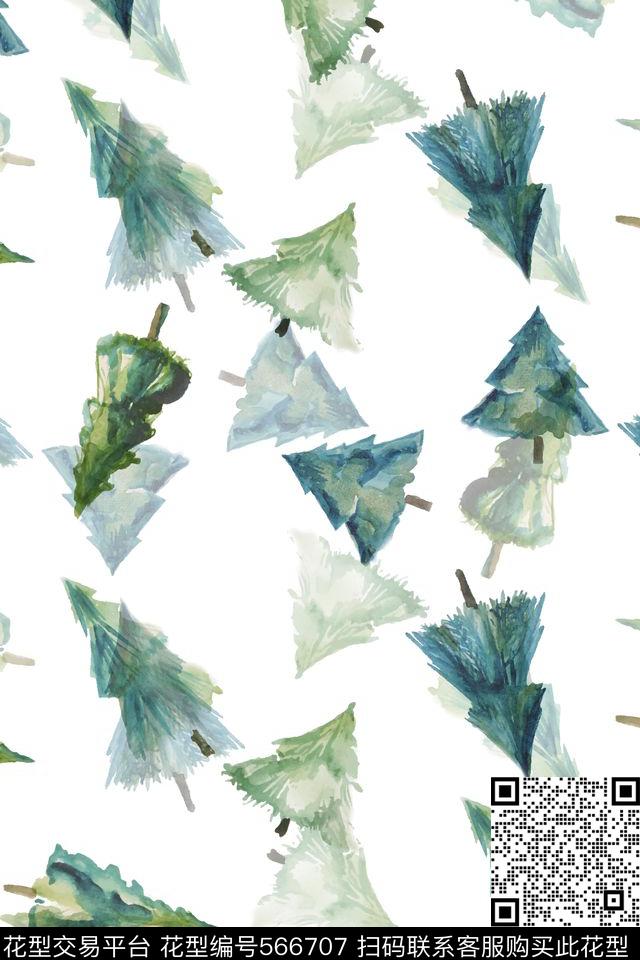 水彩水墨圣诞树数码印花华亿平台下载（图片编号: 566707） - 瓦栏（Walan）