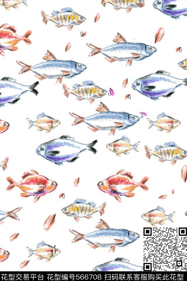 彩绘钓鱼卡通抽象趣味动物数码印花华亿平台下载（图片编号: 566708） - 瓦栏（Walan）