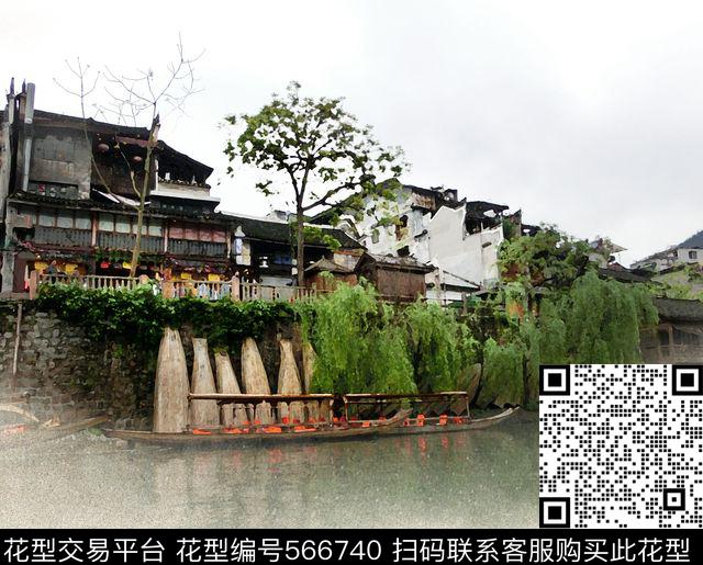 写意水彩风景数码印花华亿平台下载（图片编号: 566740） - 瓦栏（Walan）