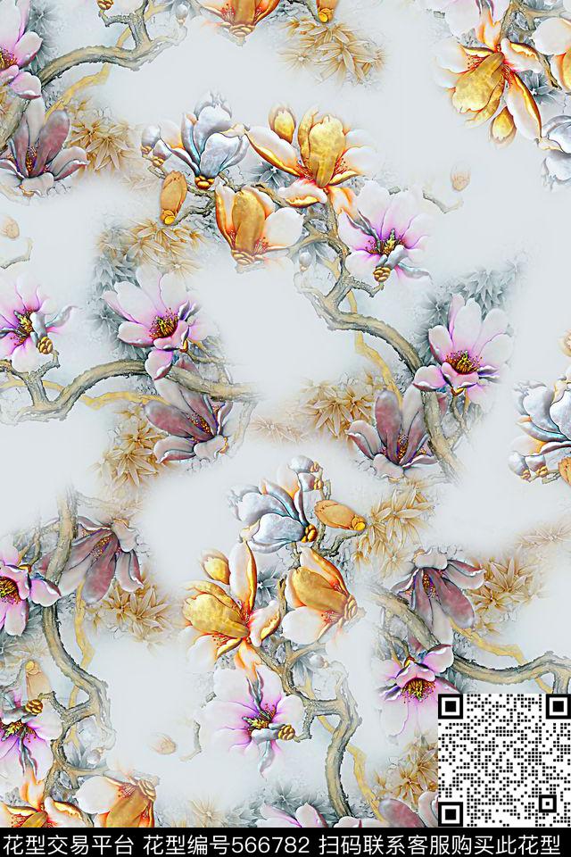 数码白玉兰花卉数码印花华亿平台下载（图片编号: 566782） - 瓦栏（Walan）