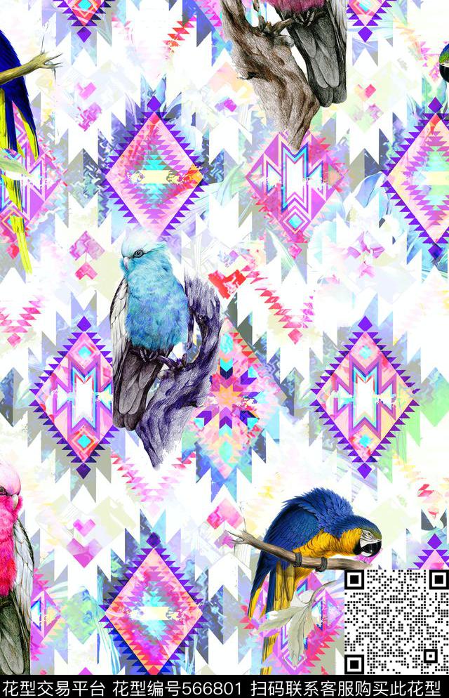 立体抽象几何手绘多色鹦鹉男装女装数码印花华亿平台下载（图片编号: 566801） - 瓦栏（Walan）