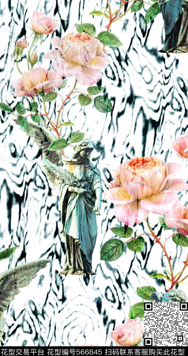 动物纹抽象油纸效果花卉雕像欧美手绘数码印花华亿平台下载（图片编号: 566845） - 瓦栏（Walan）