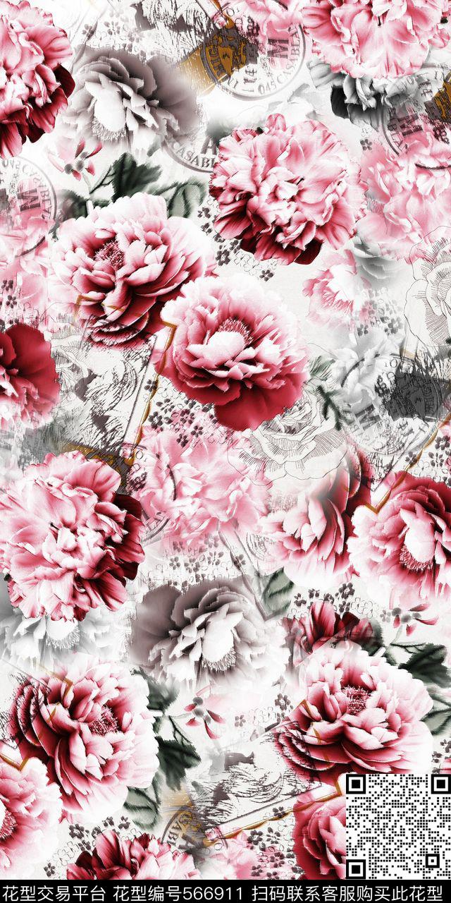 花卉邮票时尚淡雅华亿平台手绘彩铅数码印花华亿平台下载（图片编号: 566911） - 瓦栏（Walan）