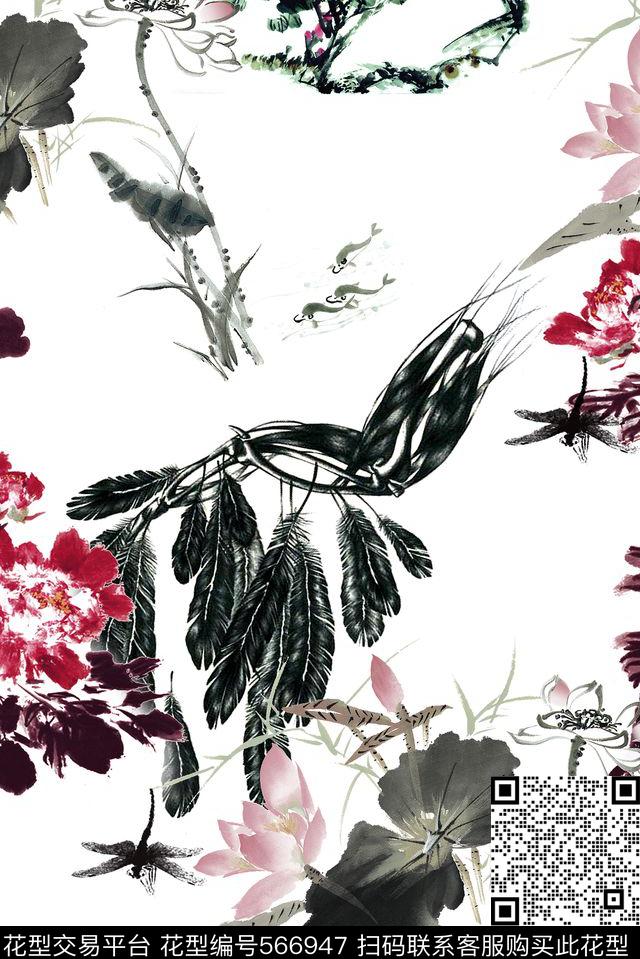 中国风荷花工笔数码印花华亿平台下载（图片编号: 566947） - 瓦栏（Walan）