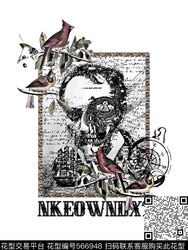 复古男装图案航海风潮骷髅头数码印花华亿平台下载（图片编号: 566948） - 瓦栏（Walan）