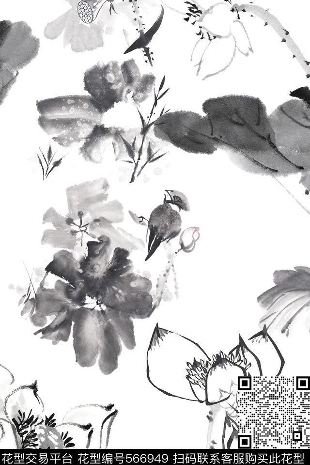 中国风水墨花鸟数码印花华亿平台下载（图片编号: 566949） - 瓦栏（Walan）