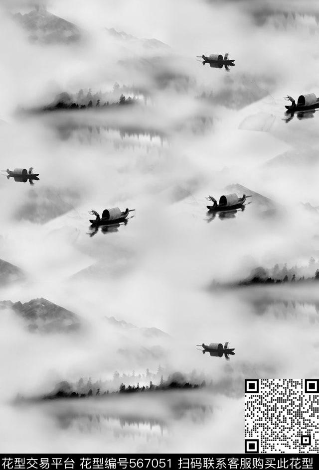 MAX-抽象自然风景中国风山水画水墨迷雾烟水行船数码印花华亿平台下载（图片编号: 567051） - 瓦栏（Walan）