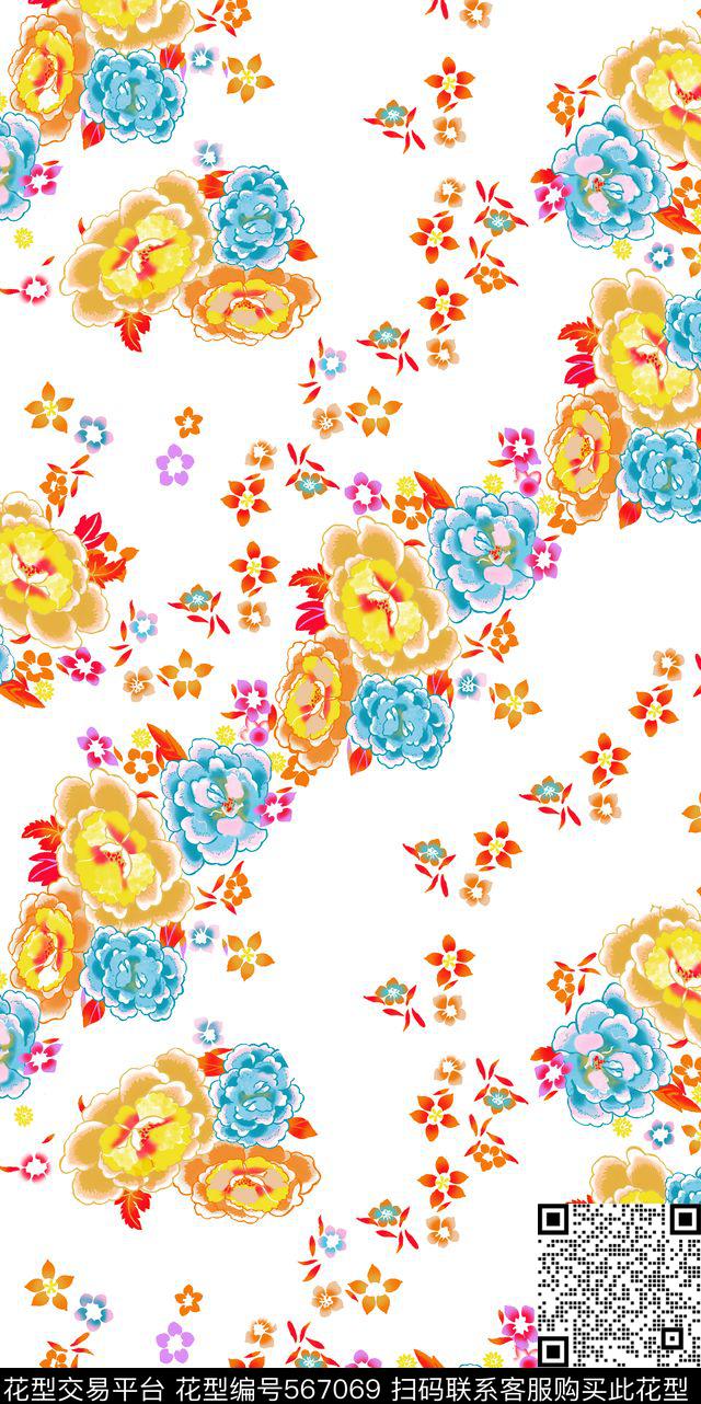 分色花朵手绘印花传统印花华亿平台下载（图片编号: 567069） - 瓦栏（Walan）