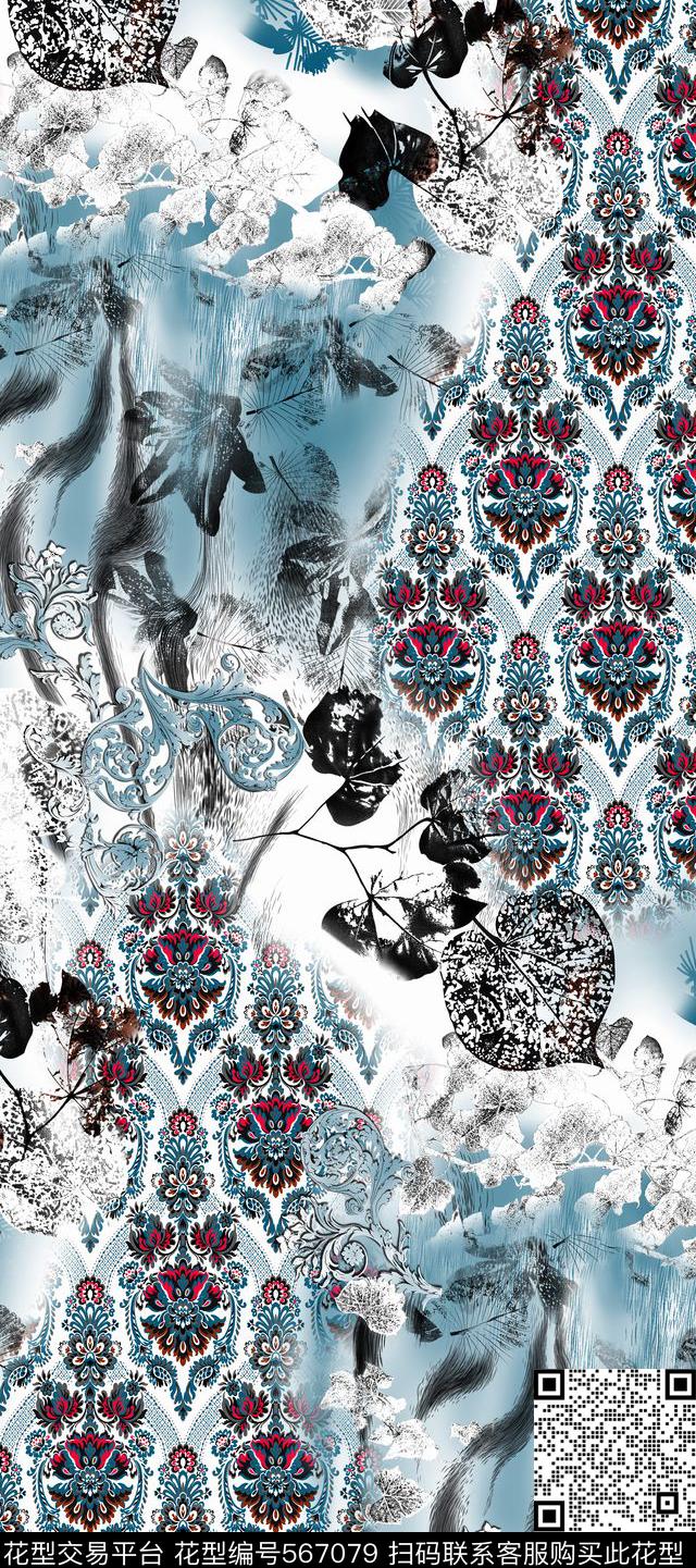 分色浪漫花卉抽像传统印花华亿平台下载（图片编号: 567079） - 瓦栏（Walan）