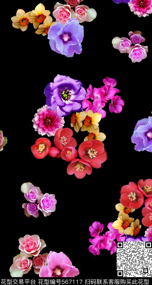 时尚黑底鲜艳数码印花华亿平台下载（图片编号: 567117） - 瓦栏（Walan）