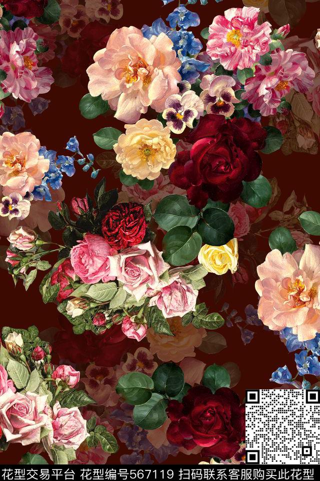时尚酒红花卉数码印花华亿平台下载（图片编号: 567119） - 瓦栏（Walan）