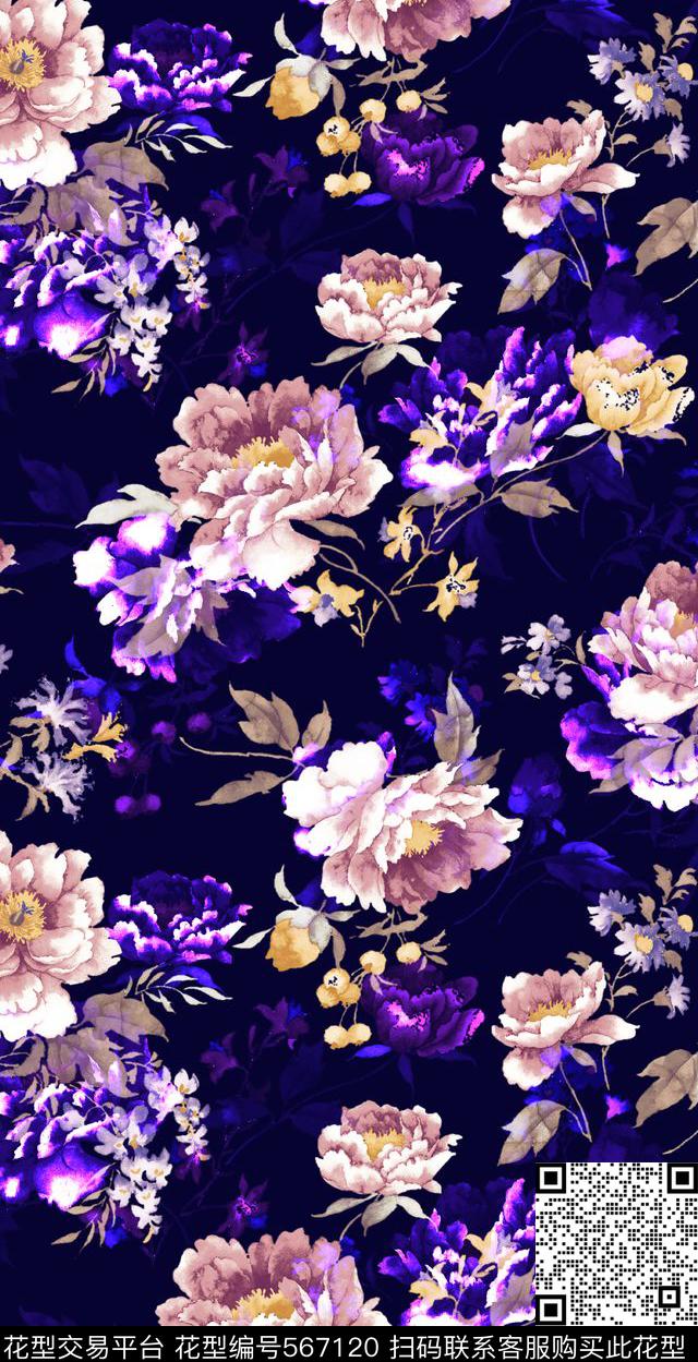 复古花卉花卉复古水彩深色花卉花朵数码印花华亿平台下载（图片编号: 567120） - 瓦栏（Walan）