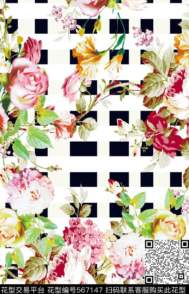 格子黑白数码花卉传统印花华亿平台下载（图片编号: 567147） - 瓦栏（Walan）