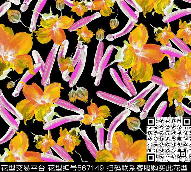 时尚黑底花卉数码印花华亿平台下载（图片编号: 567149） - 瓦栏（Walan）
