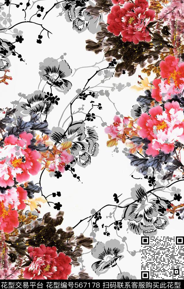 水墨花卉水墨工笔数码印花华亿平台下载（图片编号: 567178） - 瓦栏（Walan）