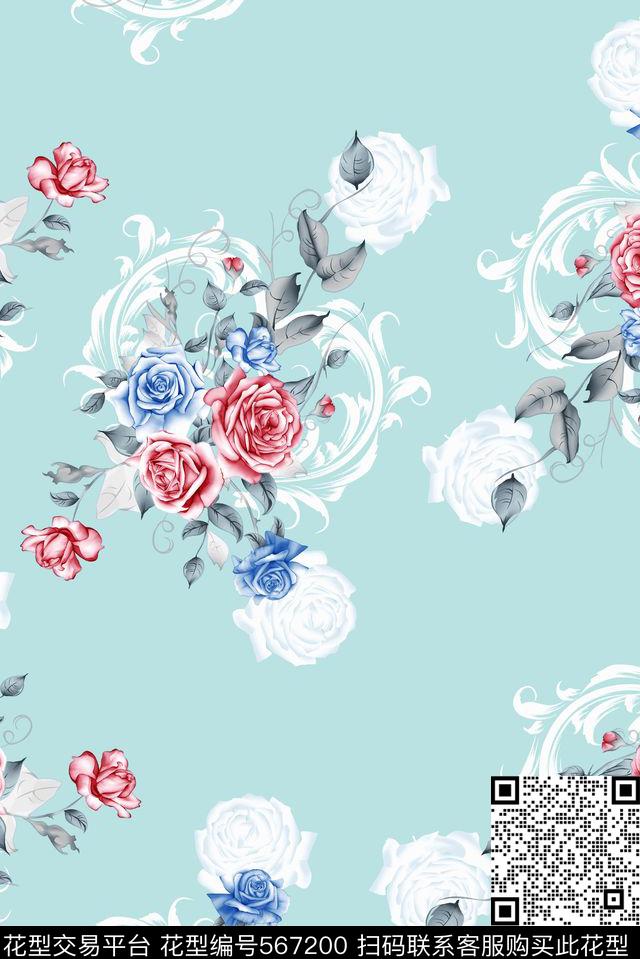 时尚淡绿花卉数码印花华亿平台下载（图片编号: 567200） - 瓦栏（Walan）