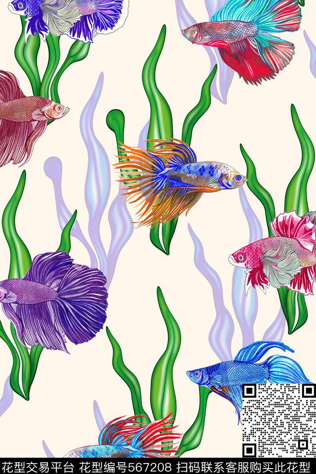 卡通小鱼水草数码印花华亿平台下载（图片编号: 567208） - 瓦栏（Walan）