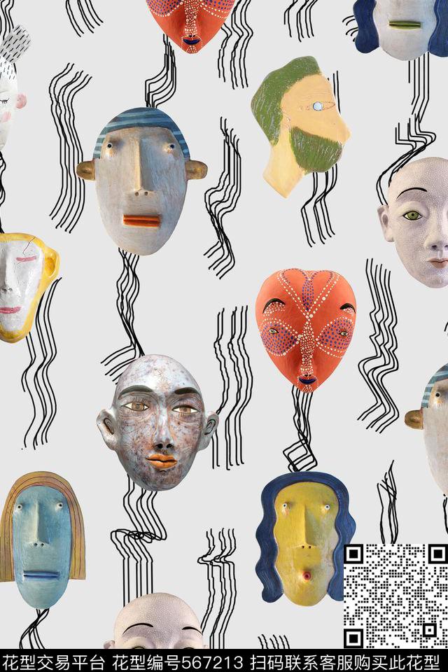 抽象线条面具数码印花华亿平台下载（图片编号: 567213） - 瓦栏（Walan）