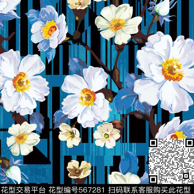 时尚花卉线条数码印花华亿平台下载（图片编号: 567281） - 瓦栏（Walan）