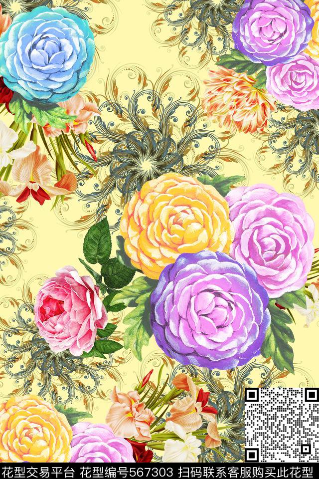 花卉潮流时尚大牌复古花卉数码印花华亿平台下载（图片编号: 567303） - 瓦栏（Walan）
