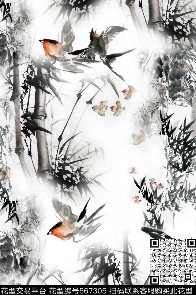 国画绘画竹叶鸟旗袍华亿平台数码印花华亿平台下载（图片编号: 567305） - 瓦栏（Walan）