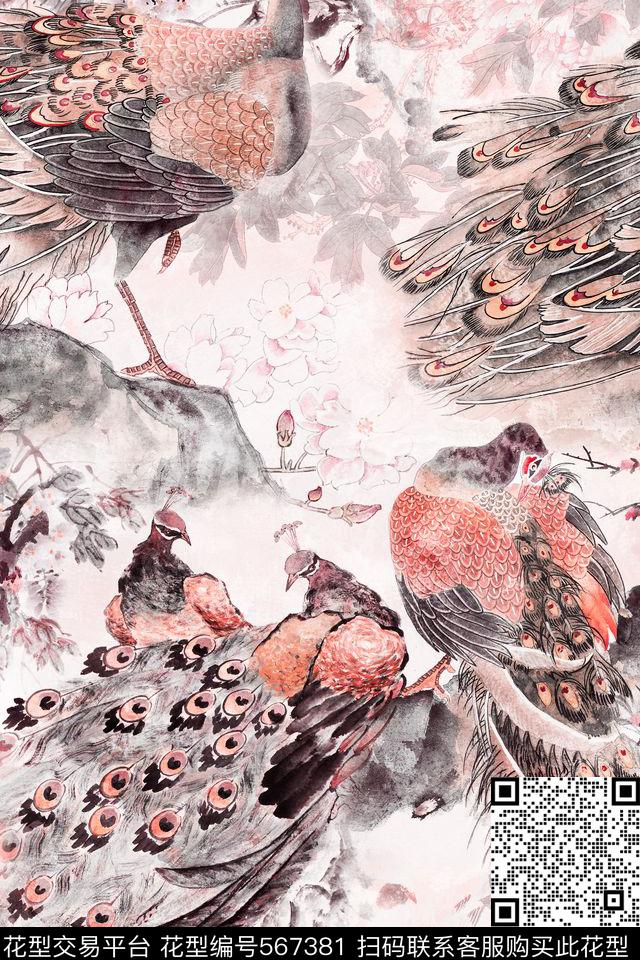 复古肌理孔雀花卉中国风数码印花华亿平台下载（图片编号: 567381） - 瓦栏（Walan）