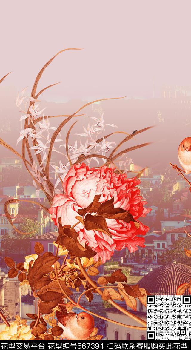 风景定位风景意境结合复古现代画法花卉数码印花华亿平台下载（图片编号: 567394） - 瓦栏（Walan）