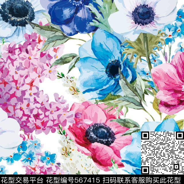 水墨水彩花卉传统印花华亿平台下载（图片编号: 567415） - 瓦栏（Walan）