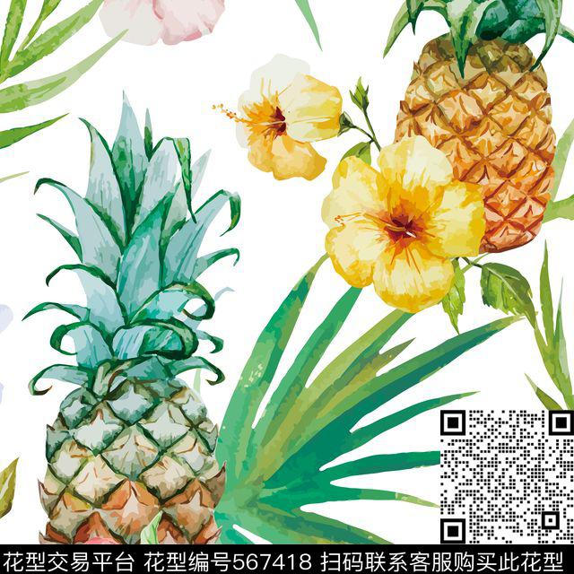 水墨水彩菠萝传统印花华亿平台下载（图片编号: 567418） - 瓦栏（Walan）