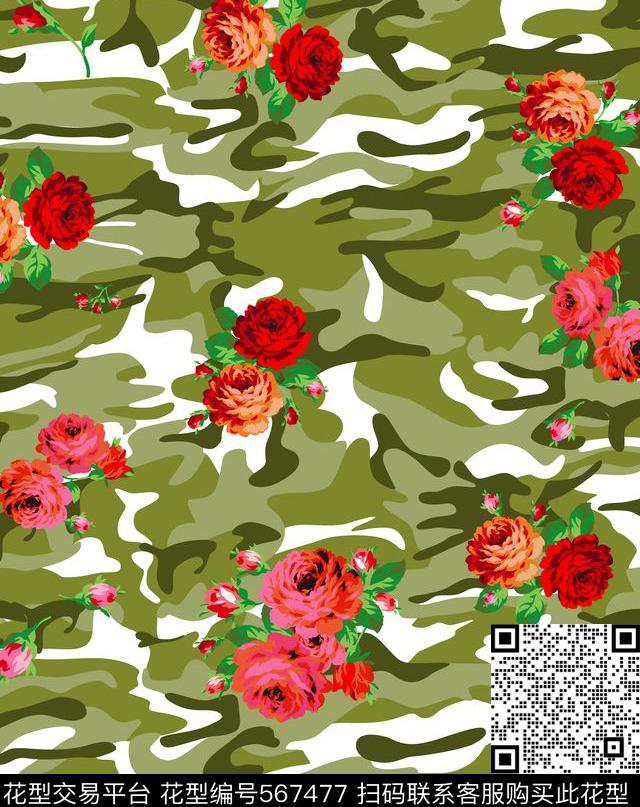花卉迷彩手绘传统印花华亿平台下载（图片编号: 567477） - 瓦栏（Walan）