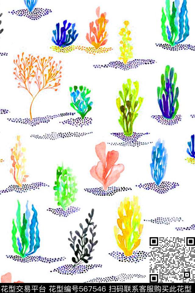 时尚潮流手绘水彩水草数码印花华亿平台下载（图片编号: 567546） - 瓦栏（Walan）