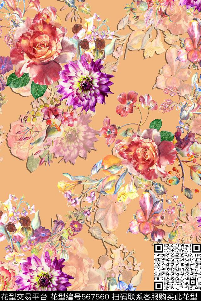 女装潮流时尚大牌复古水彩花卉数码印花华亿平台下载（图片编号: 567560） - 瓦栏（Walan）