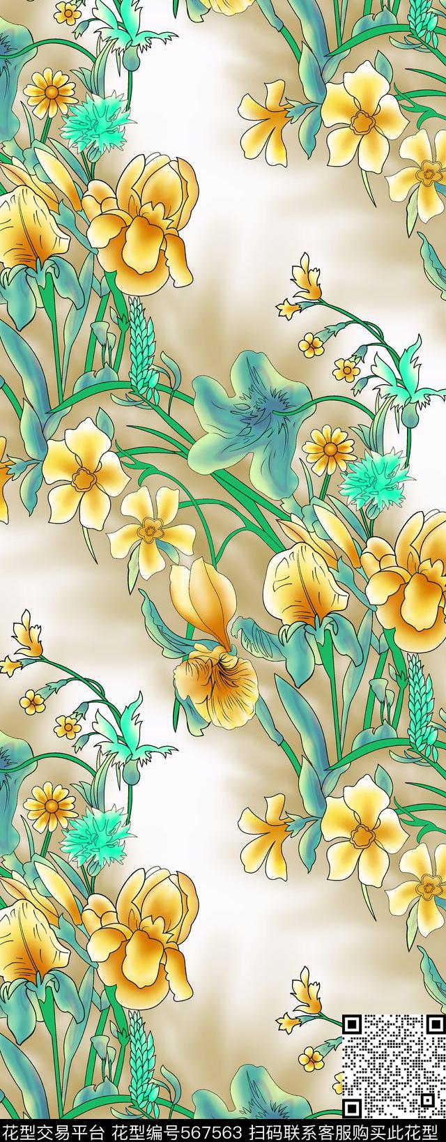 浪漫花卉花朵组合花卉传统印花华亿平台下载（图片编号: 567563） - 瓦栏（Walan）