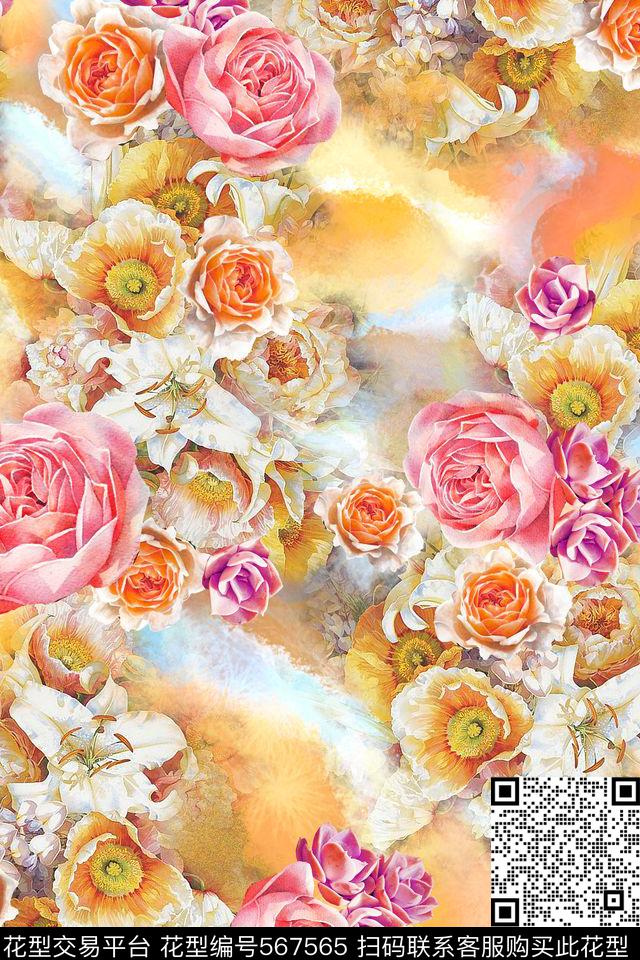 花卉潮流时尚大牌手绘花卉数码印花华亿平台下载（图片编号: 567565） - 瓦栏（Walan）
