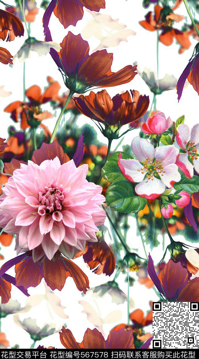 时尚潮流花卉数码印花华亿平台下载（图片编号: 567578） - 瓦栏（Walan）