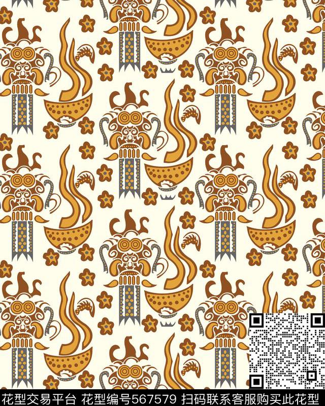 民族风手绘抽像花卉图腾传统印花华亿平台下载（图片编号: 567579） - 瓦栏（Walan）