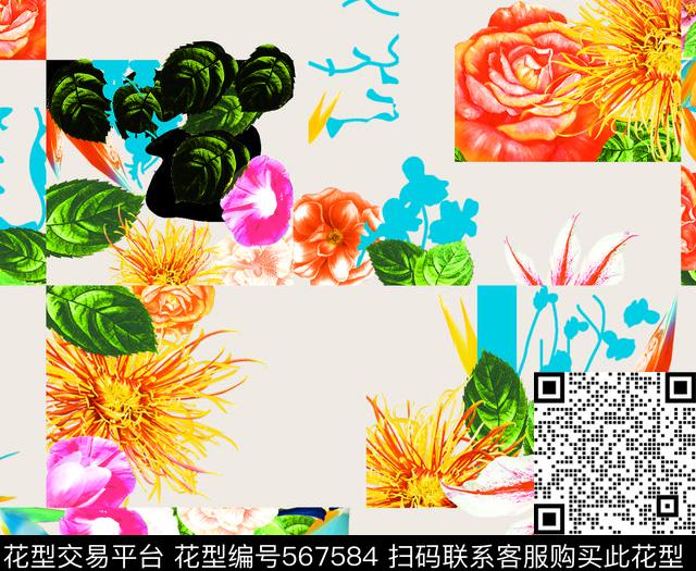抽象花卉几何几何格子数码印花华亿平台下载（图片编号: 567584） - 瓦栏（Walan）