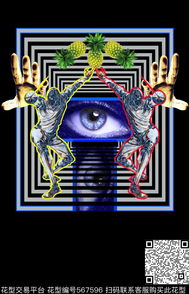 几何图案人物水果菠萝时尚定位数码印花华亿平台下载（图片编号: 567596） - 瓦栏（Walan）