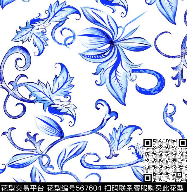 抽象花卉青花瓷几何传统印花华亿平台下载（图片编号: 567604） - 瓦栏（Walan）