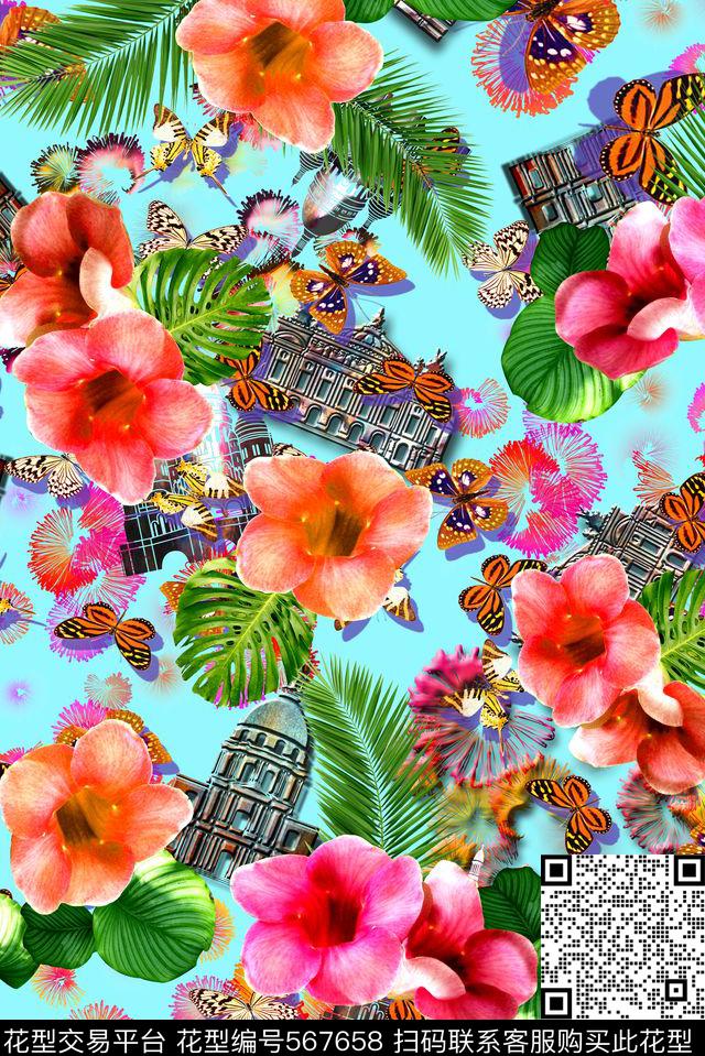 时尚建筑蝴蝶数码印花华亿平台下载（图片编号: 567658） - 瓦栏（Walan）