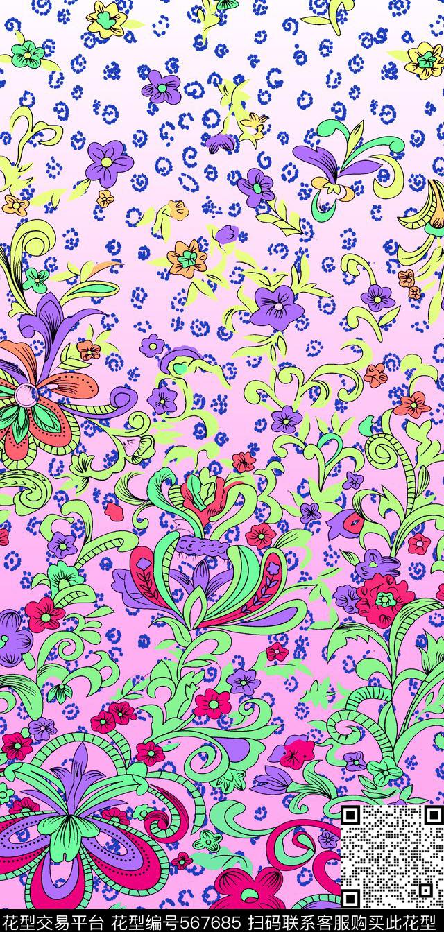 花卉渐变彩色手绘花卉泥点底纹家纺沙发窗帘图案华亿平台.田园风小清新传统印花华亿平台下载（图片编号: 567685） - 瓦栏（Walan）