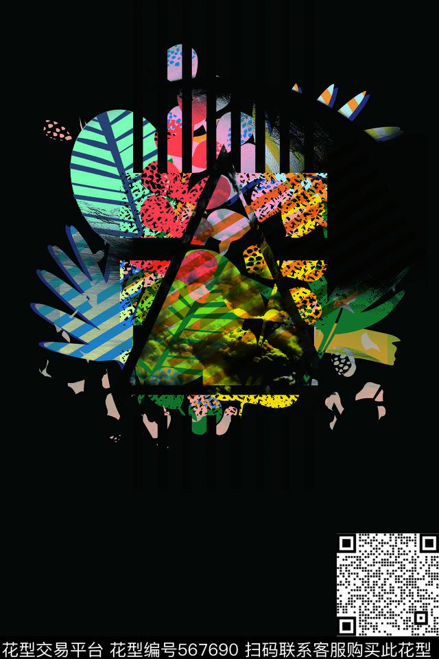 T恤卫衣印花几何植物花卉组合T桖潮流时尚数码印花华亿平台下载（图片编号: 567690） - 瓦栏（Walan）