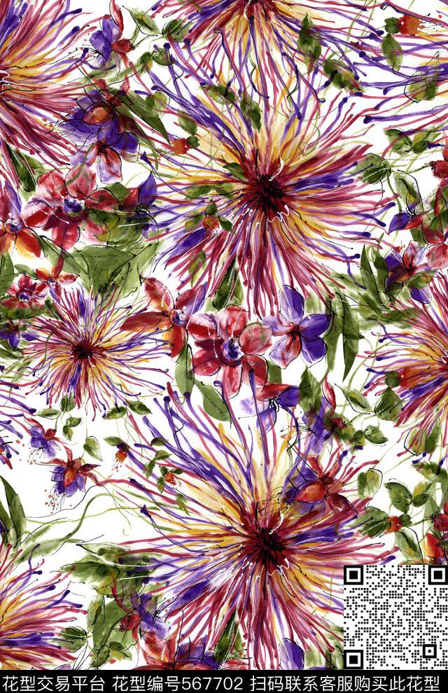 手绘花草大理花女装数码印花华亿平台下载（图片编号: 567702） - 瓦栏（Walan）