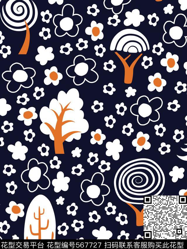 植物树插画传统印花华亿平台下载（图片编号: 567727） - 瓦栏（Walan）