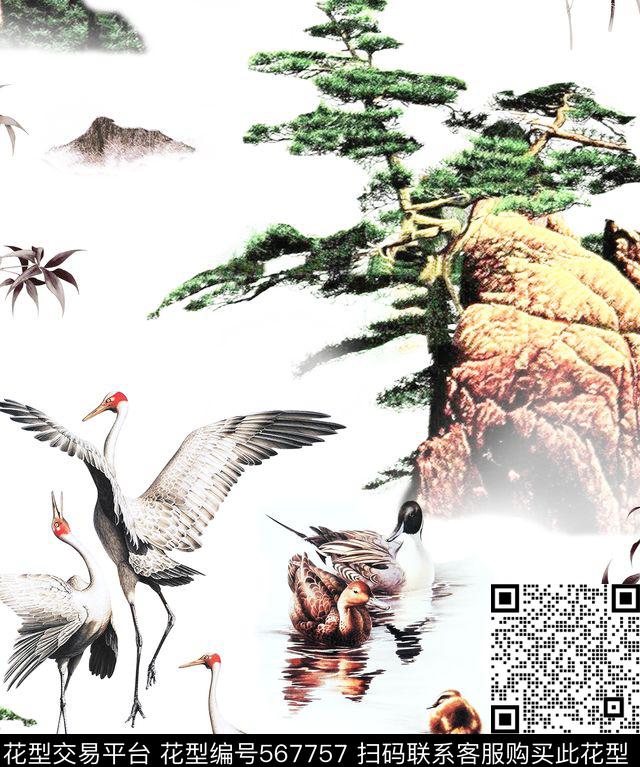 满版树鹤数码印花华亿平台下载（图片编号: 567757） - 瓦栏（Walan）