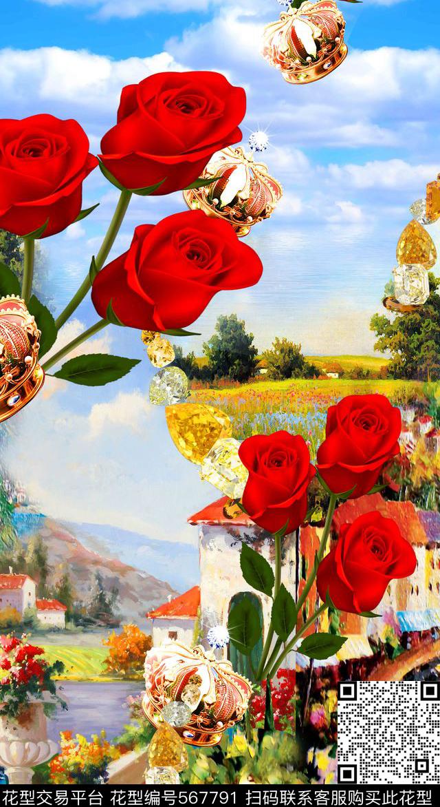 油画建筑花卉定位数码印花华亿平台下载（图片编号: 567791） - 瓦栏（Walan）