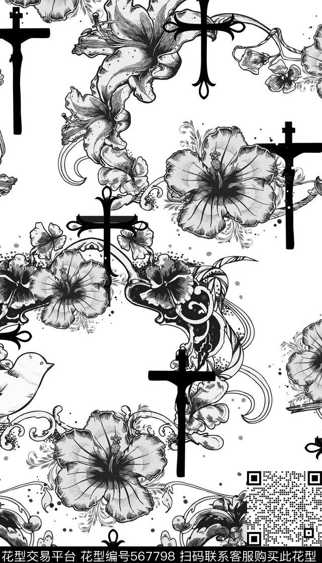 黑白时尚欧式花纹边框十字架传统印花华亿平台下载（图片编号: 567798） - 瓦栏（Walan）