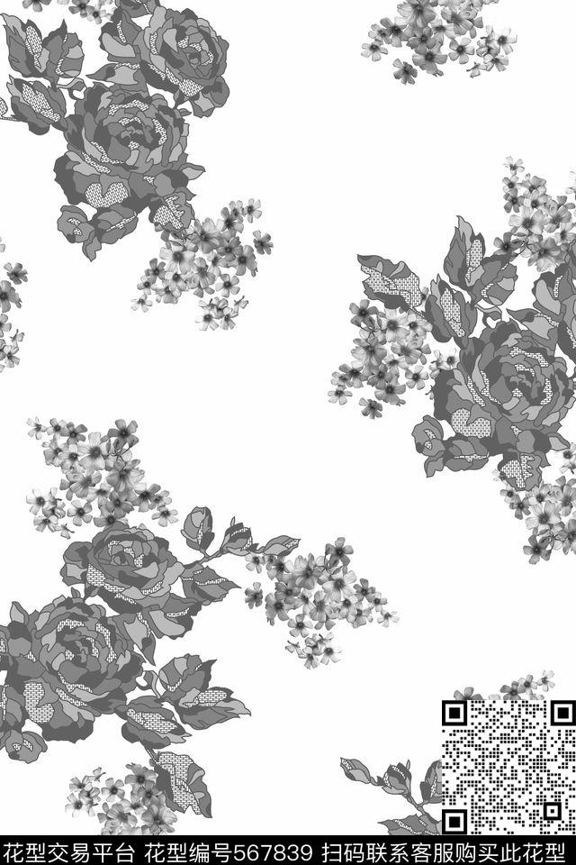黑白花卉小清新传统印花华亿平台下载（图片编号: 567839） - 瓦栏（Walan）